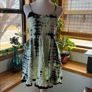 Tie-Dye Spaghetti Strap Mini Dress Sundress Green /Black Beach Cover Up